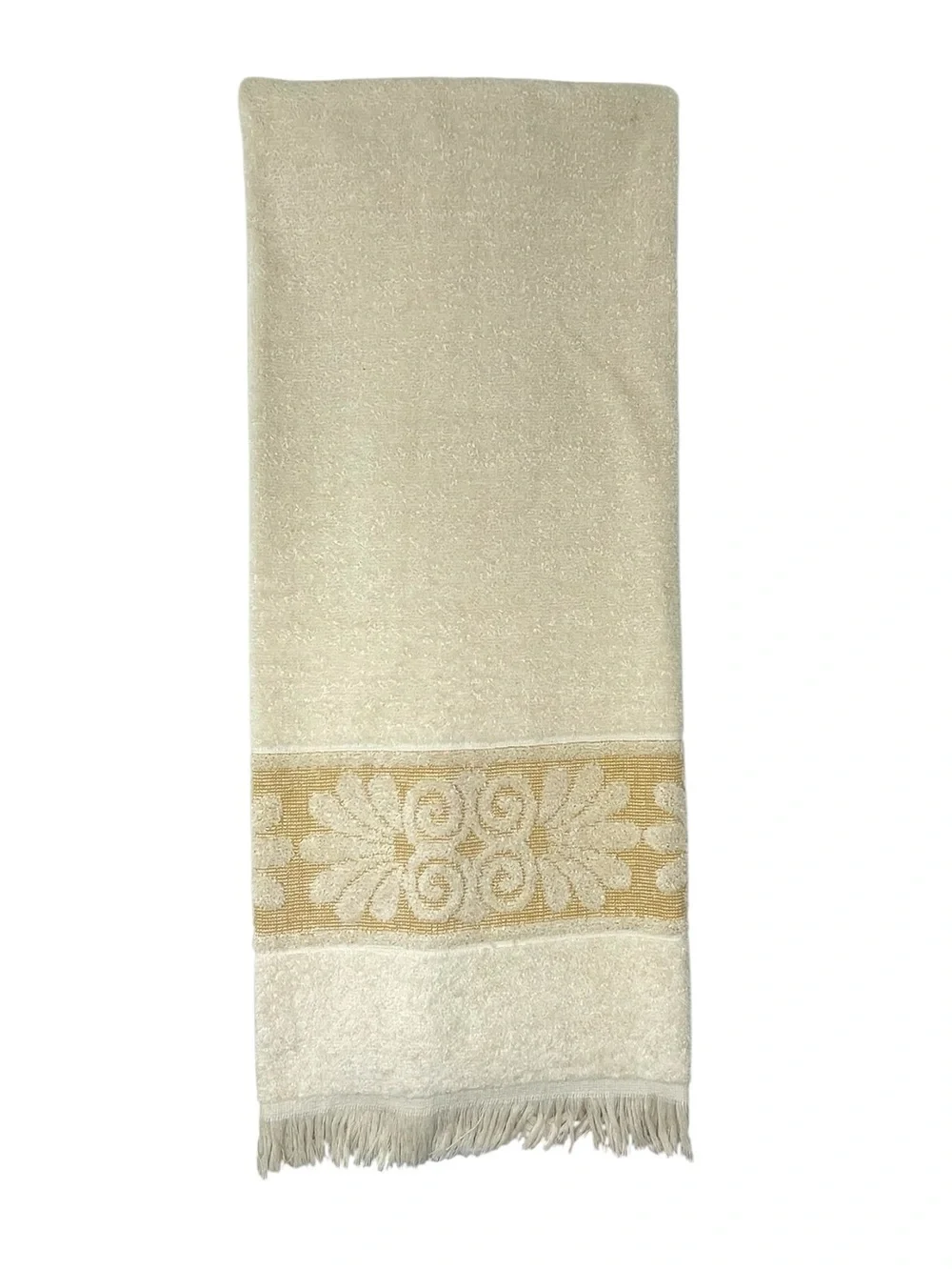 Vintage Cannon Monticello Bath Towel Cream Gold Sculpted Fringed 70s MCM